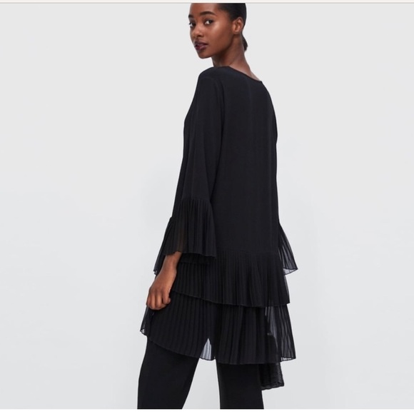 Zara Black Pleated Mini Dress/Blouse - Size Small - Picture 2 of 11